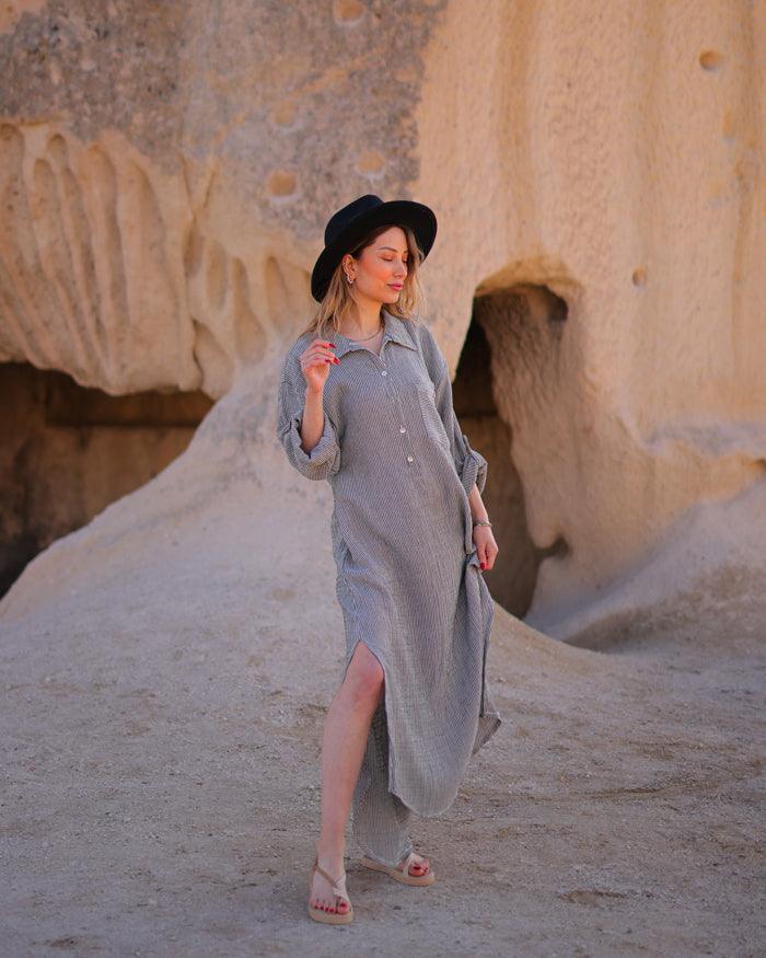 Striped Maxi Shirt Dress in Double Gauze Cotton