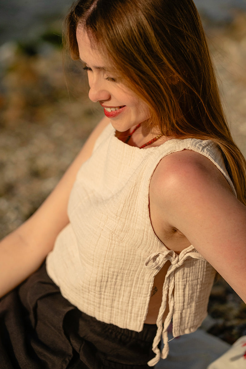 Side Tie Sleeveless Cotton Blouse