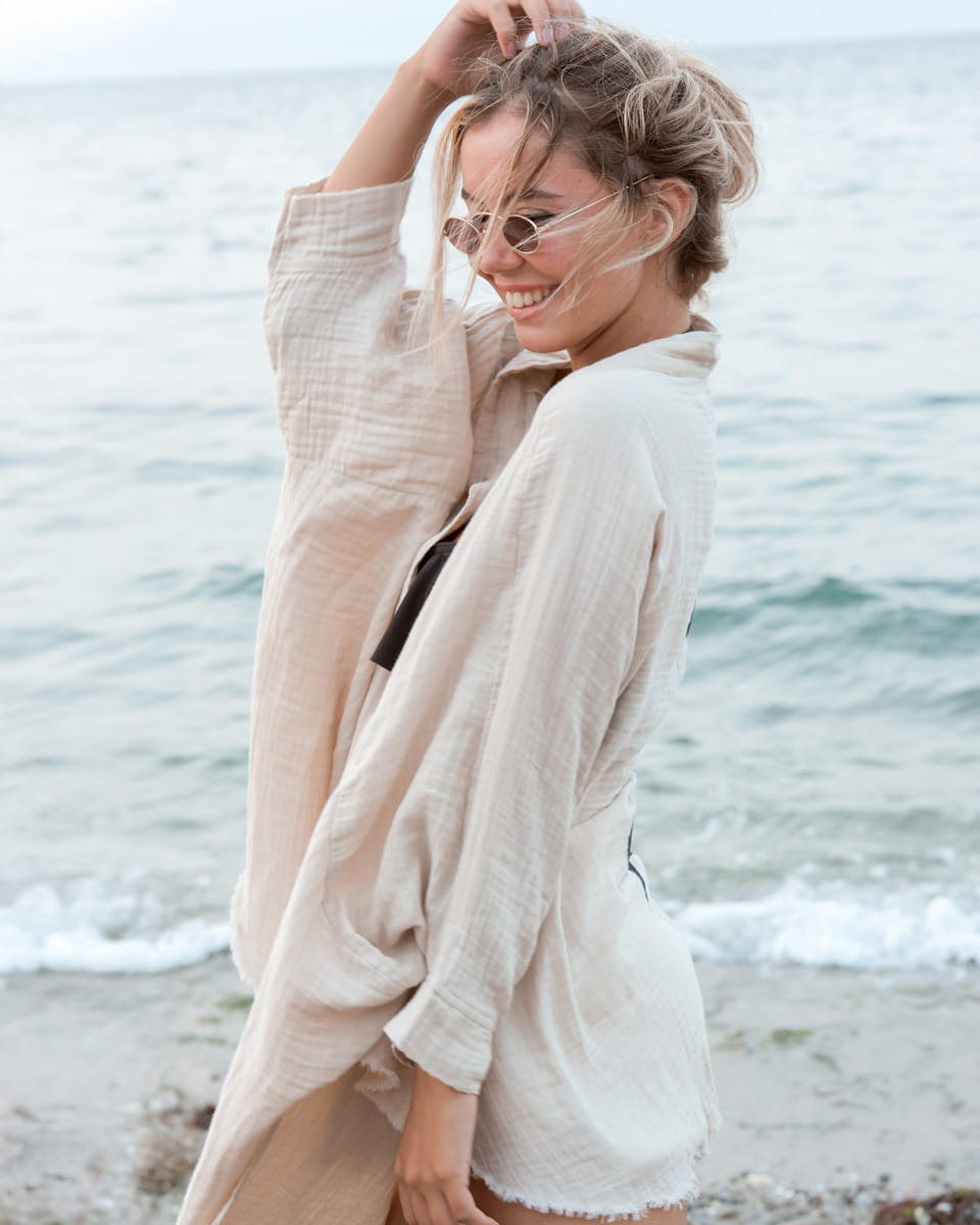 Beige Evil Eye Muslin Robe