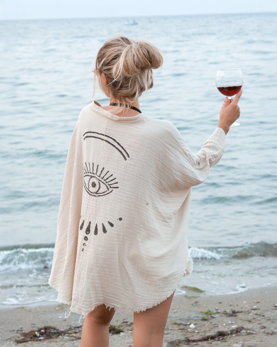 Beige Evil Eye Muslin Robe