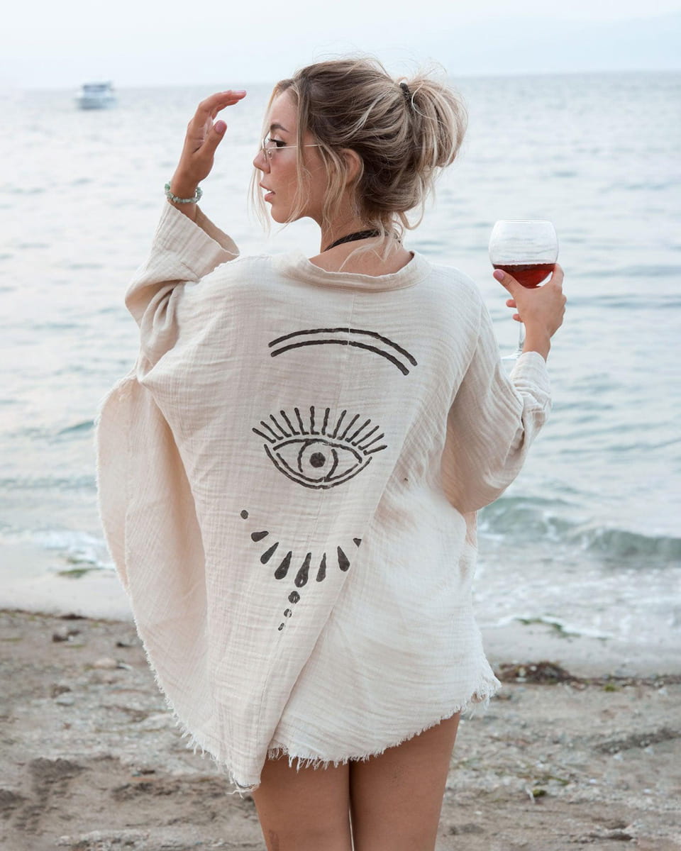 Beige Evil Eye Muslin Robe
