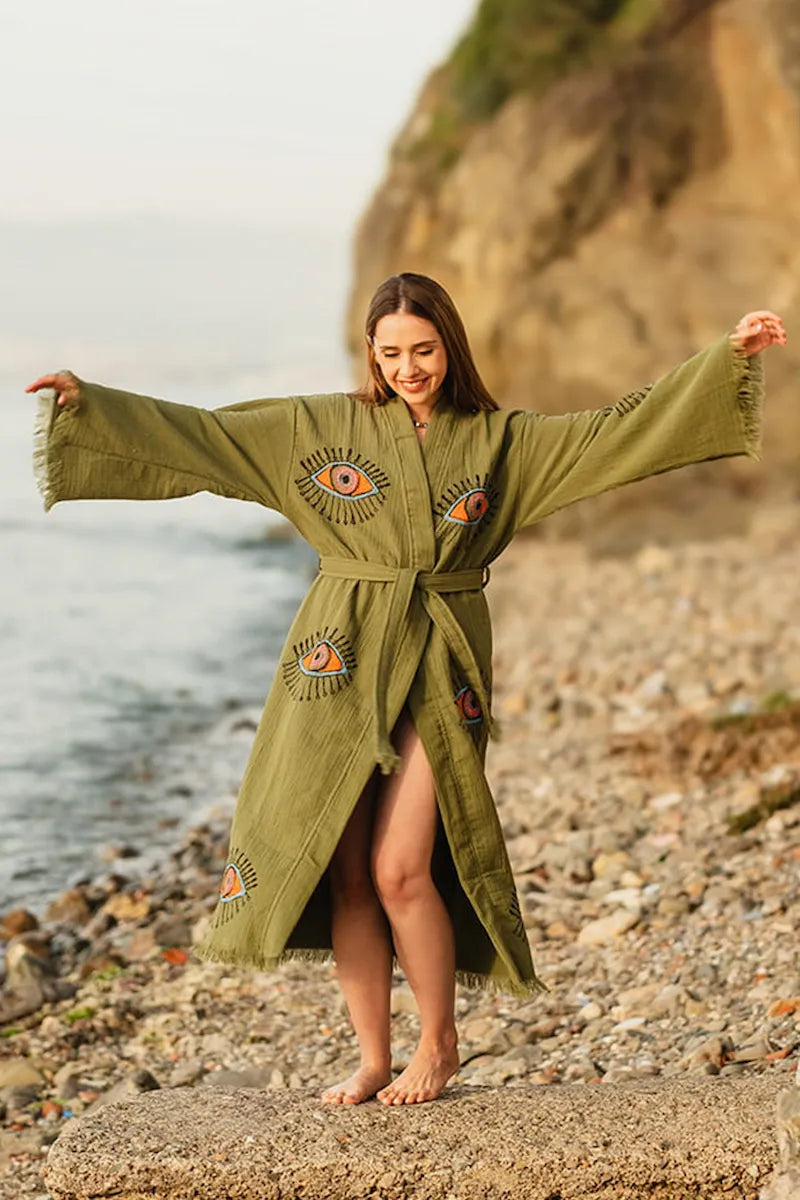 Green Evil Eye Kimono Robe | Olive Green Robe | Moa