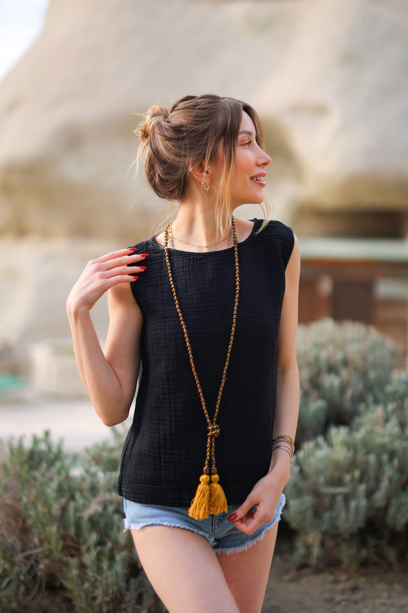 Double Gauze Sleeveless Black Tank Top