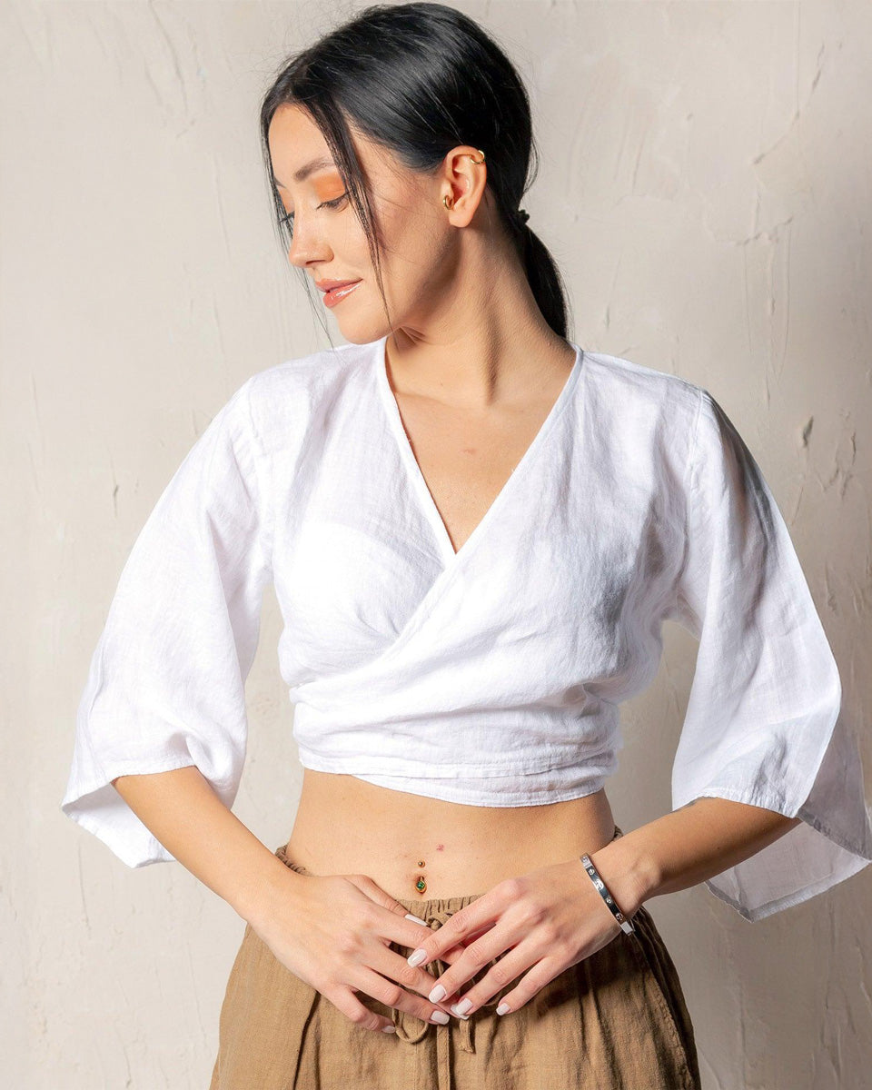 White Linen Tie Front Crop Top