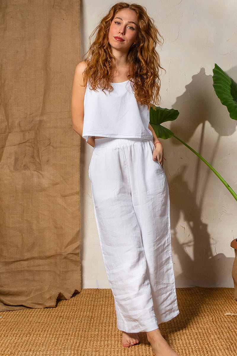 White Linen Wide Leg Pants