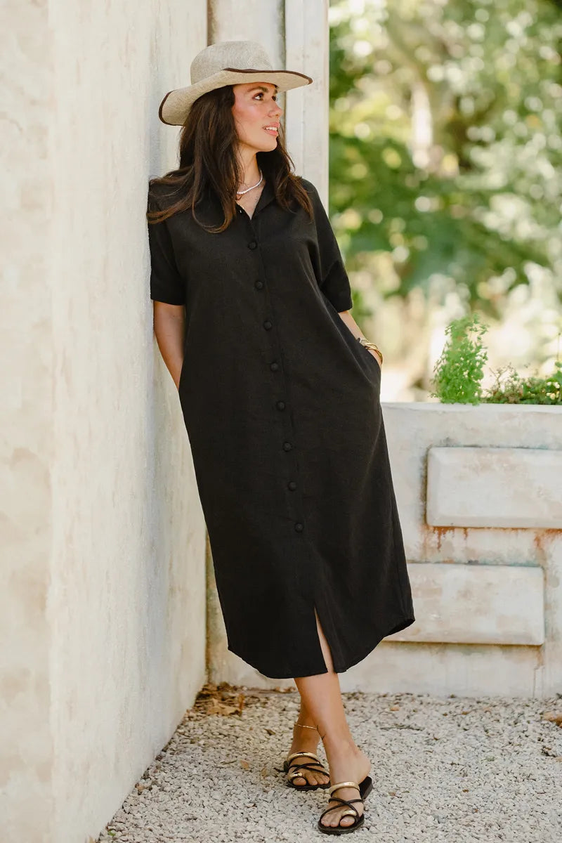 Black Linen Midi Shirt Dress with Short Sleeves