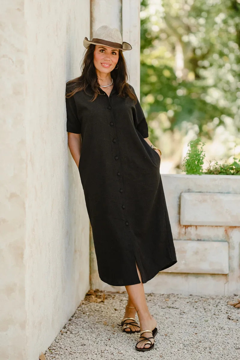 Black Linen Midi Shirt Dress with Short Sleeves