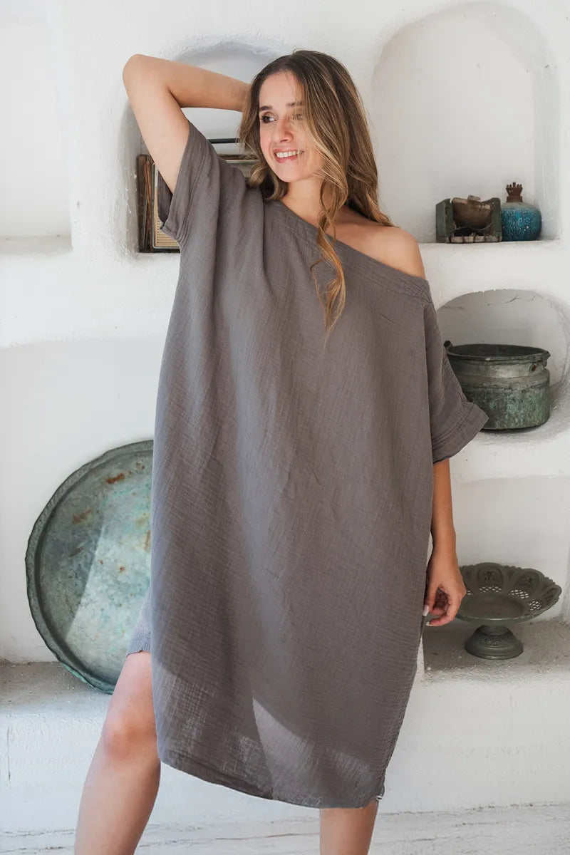 Grey Gauze Midi Tunic Dress with Boat Neck