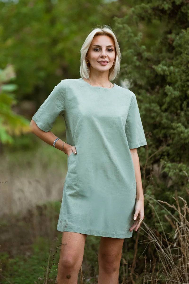Green Linen T Shirt Dress, Relaxed Mini