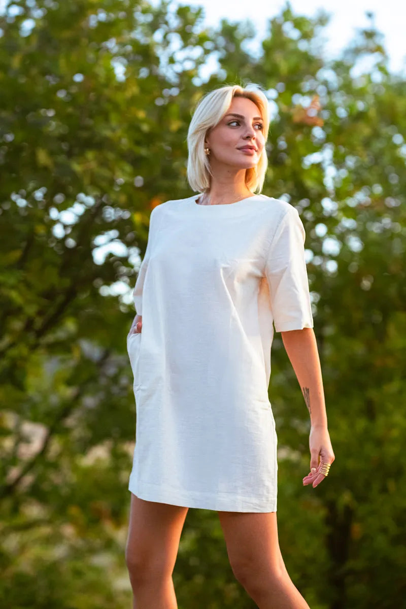 Ivory Linen T Shirt Dress, Relaxed Mini