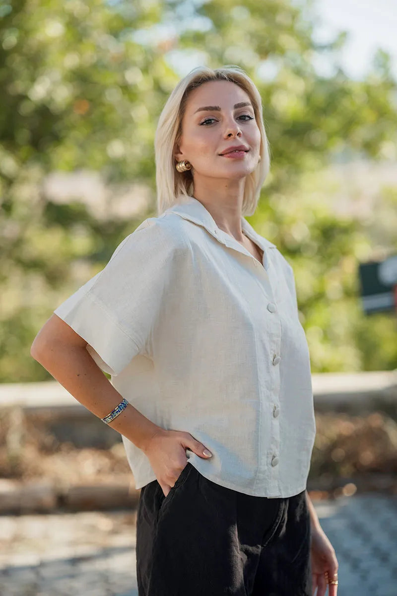ivory linen dress shirt Cropped with Short Sleeves Hunter green drop waist dress