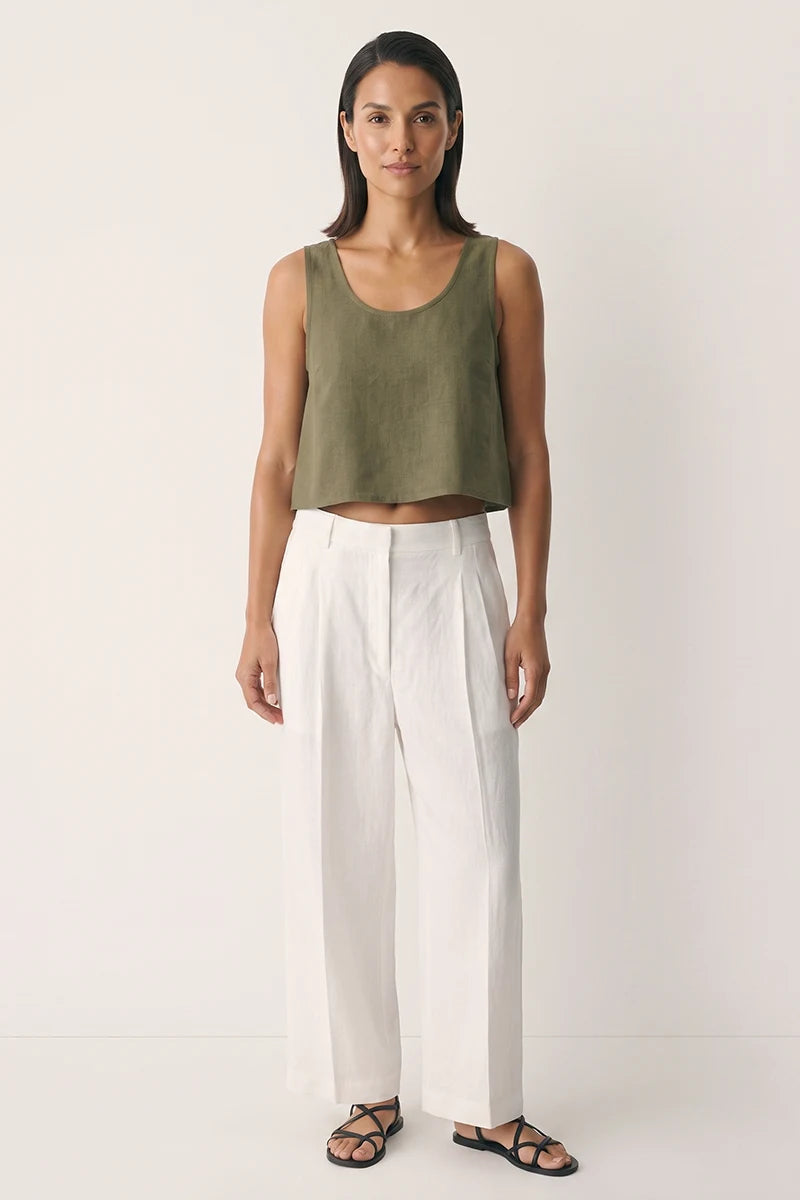 Olive Green Tank Top — Open Back Linen Top | Moa