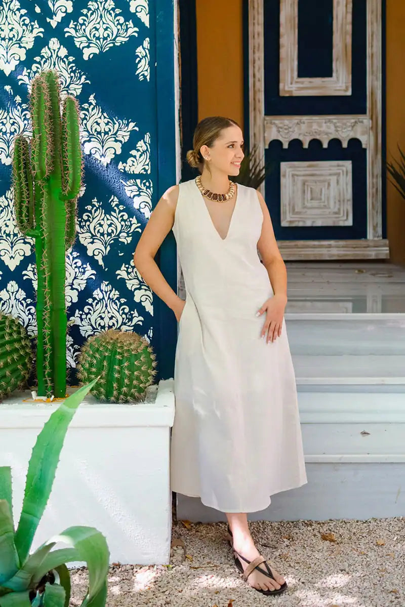 V-Neck Dress - Sleeveless Linen Midi Dress