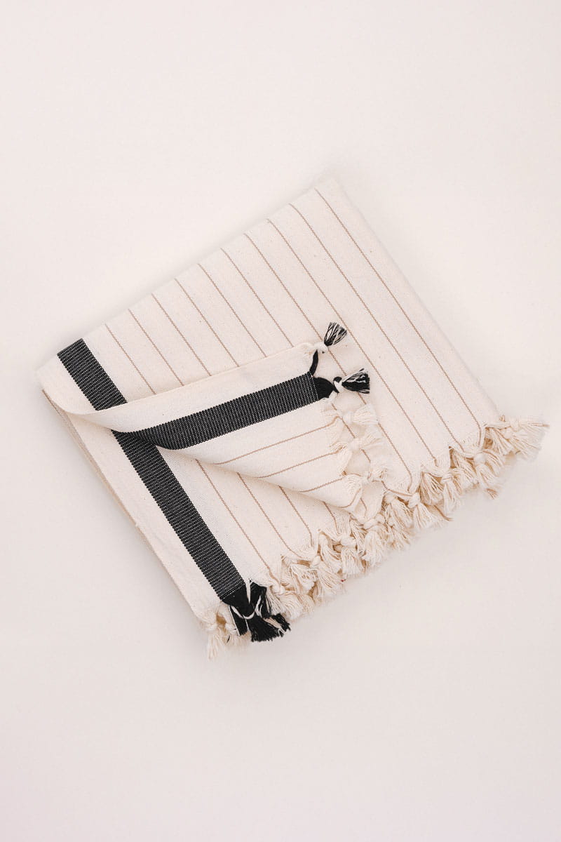 Folded Turkish cotton bath towel set in black and white stripe — 100% flat-woven Turkish cotton