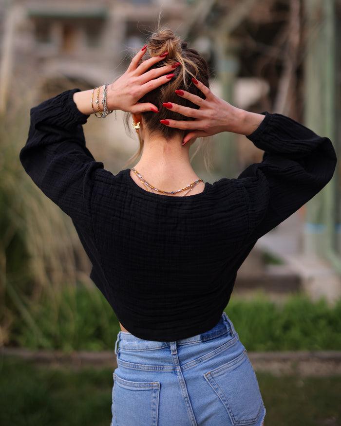 black long sleeve wrap top