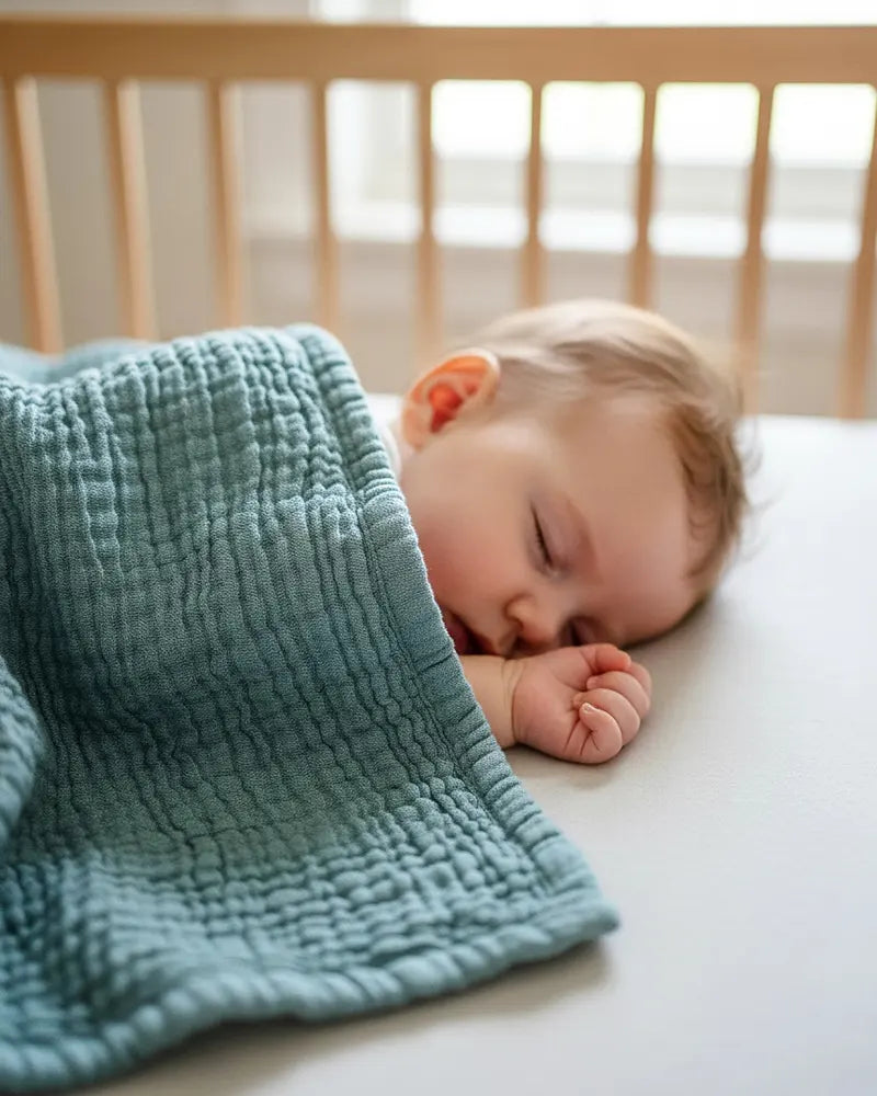 Baby sleeping under a organic cotton blanket in a crib
