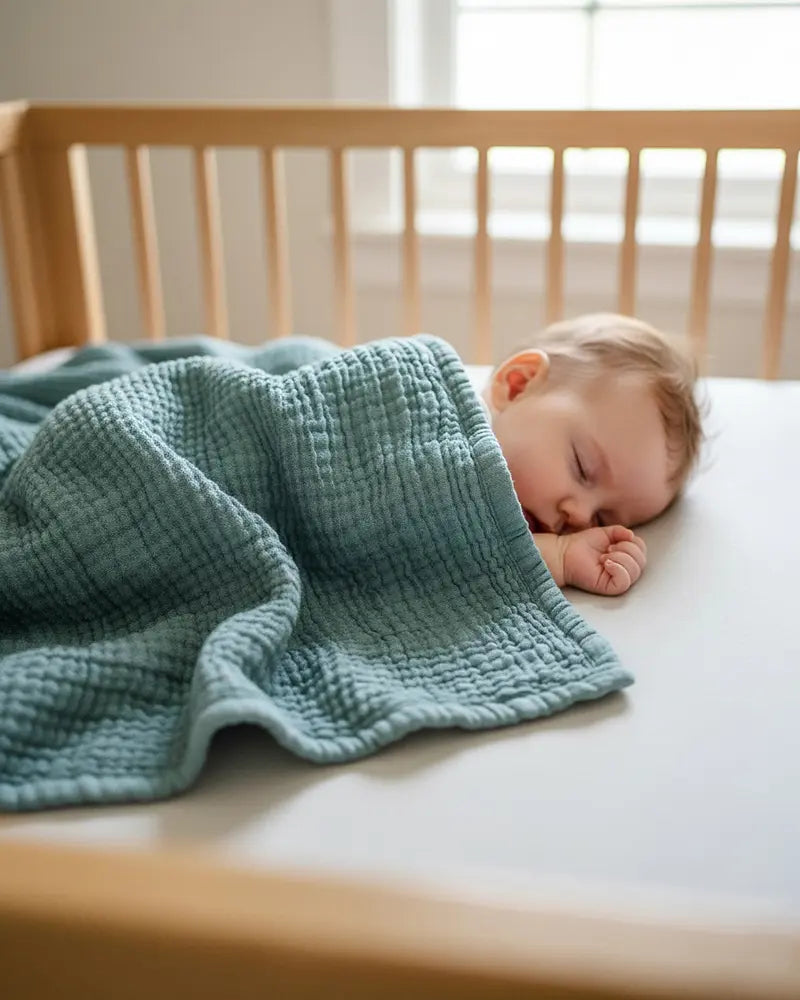 Baby sleeping in a crib with a green  muslin swaddle blanket