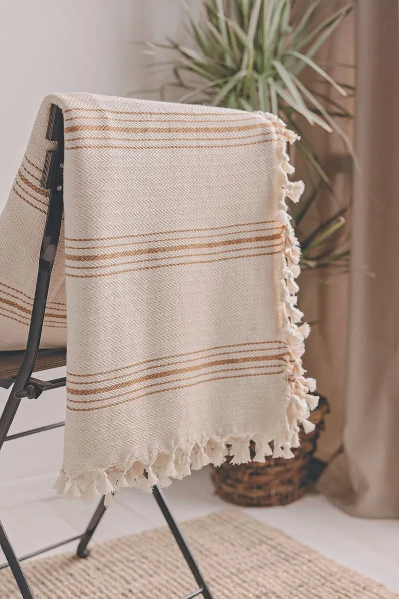Beige and brown striped blanket draped over a chair with a plant in the background