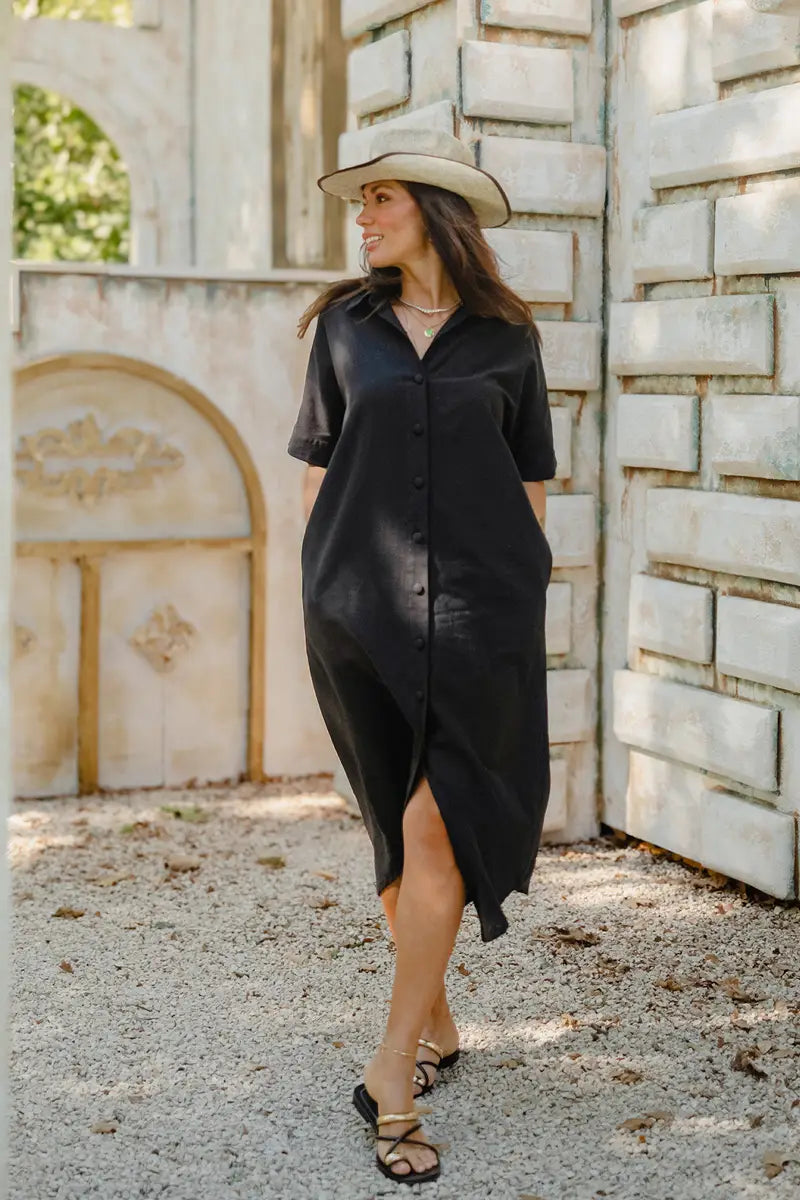 Black Linen Midi Shirt Dress with Short Sleeves