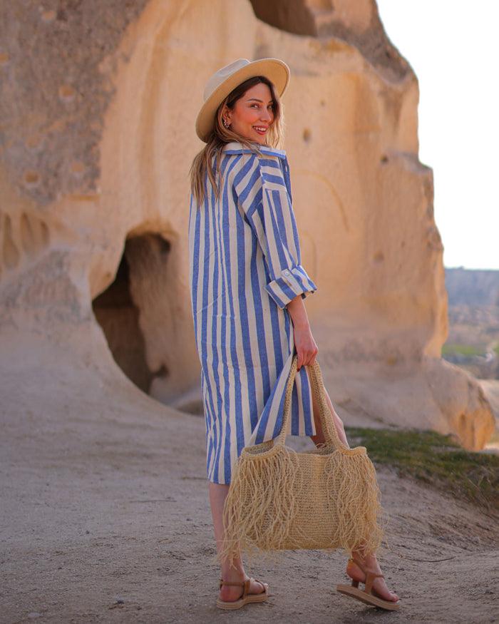 Short Blue Pinstripe Shirt Dress in Linen