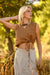 Brown sleeveless linen wrap vest top with tie front — European Flax® Certified European linen