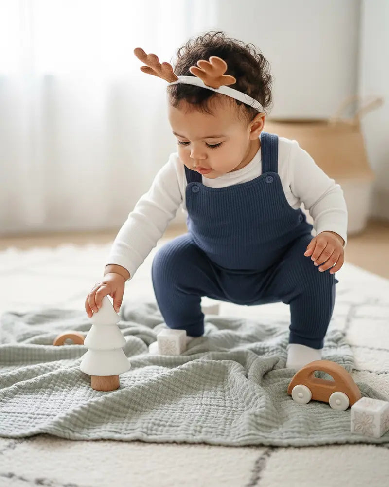 Baby playing with toys on a muslin cotton blanket in a room