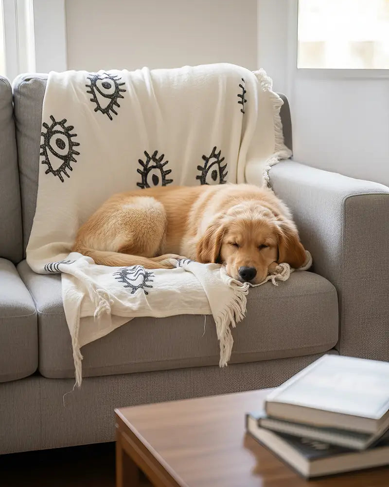 Dog sleeping on a couch with a evil eye  blanket in a cozy living room.
