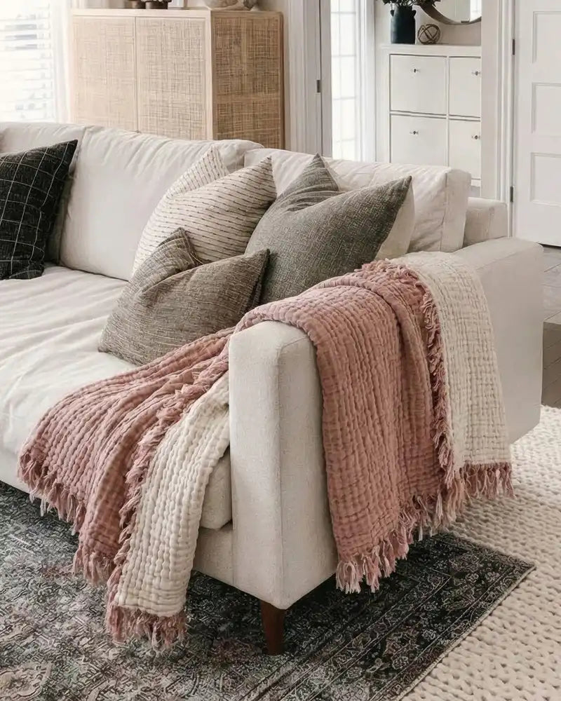 White sofa with pink blanket and gray pillows in a living room setting