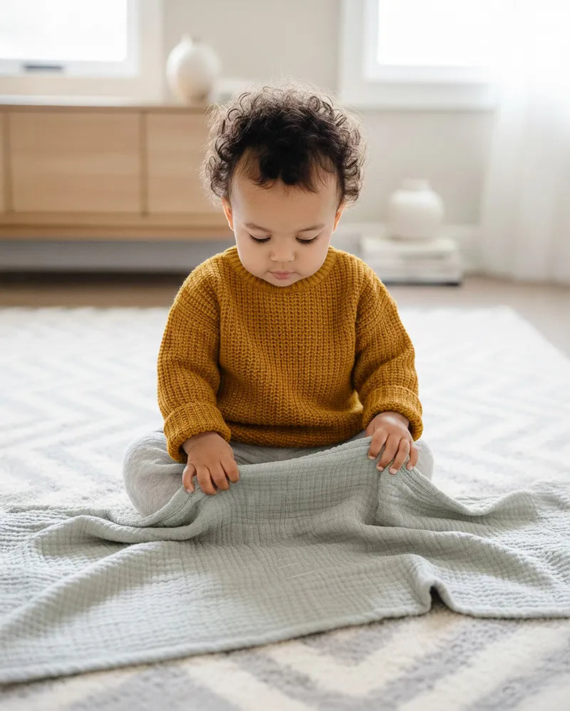 Child in a mustard yellow sweater sitting on a green cotton  blanket in a room with wooden furniture.