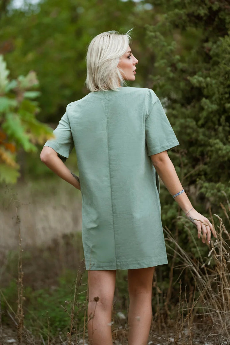 Green Linen T Shirt Dress, Relaxed Mini