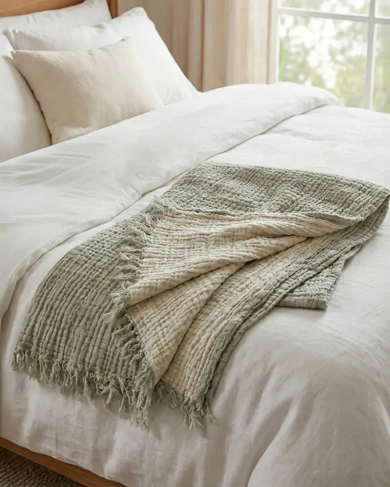 Neatly folded green blanket on a bed with white bedding