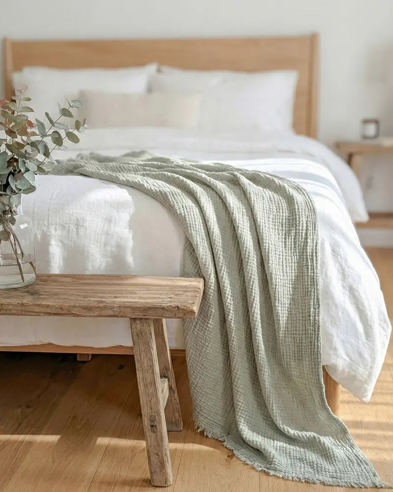 Bedroom with a wooden bed, white bedding, and a green muslin cotton blanket.