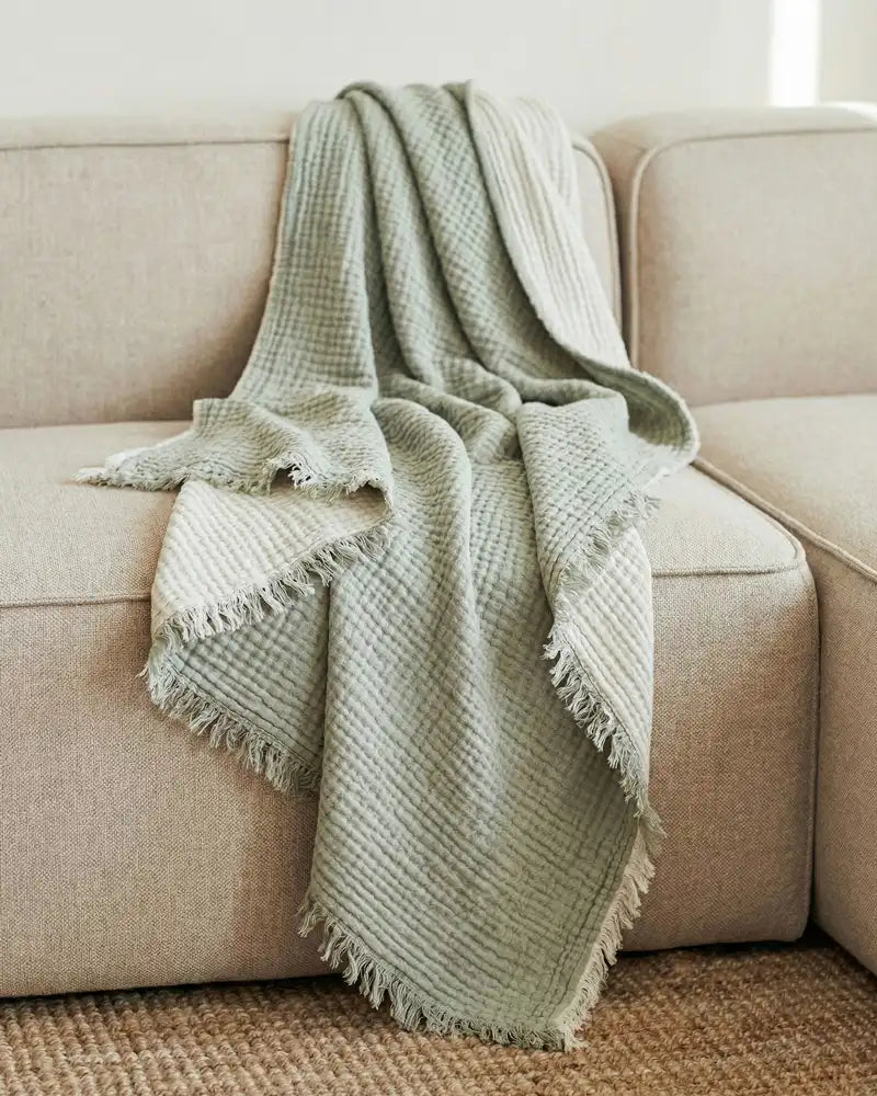 Green muslin blanket draped over a beige sofa in a living room setting.