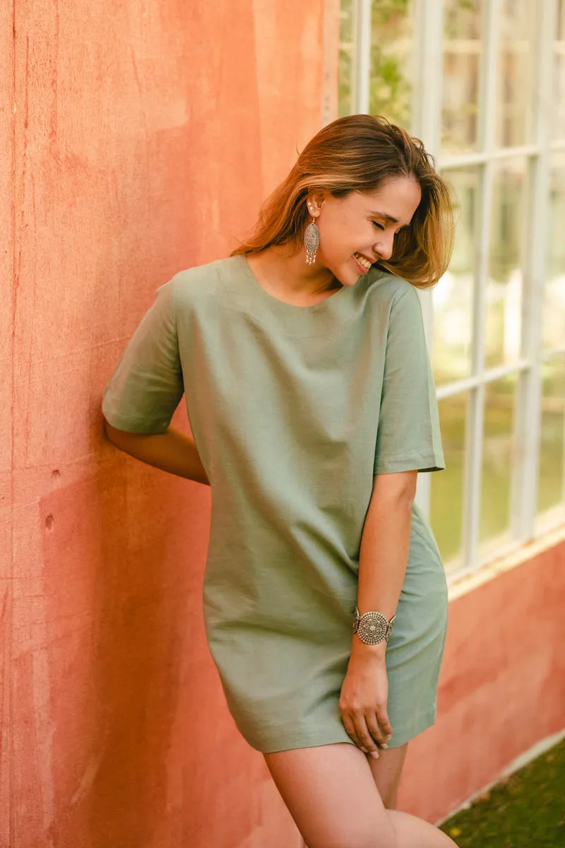 Green Linen T Shirt Dress, Relaxed Mini