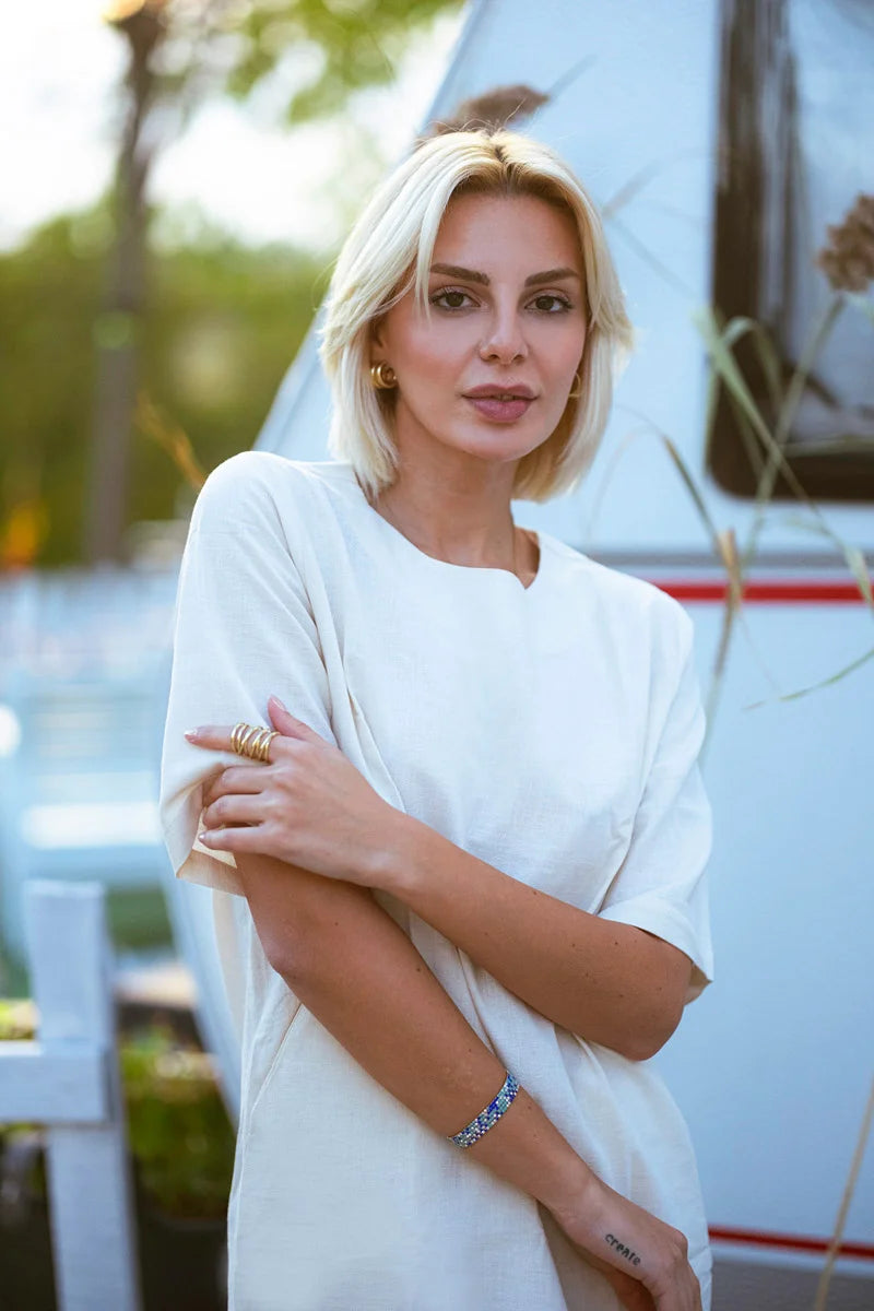 Ivory Linen T Shirt Dress, Relaxed Mini