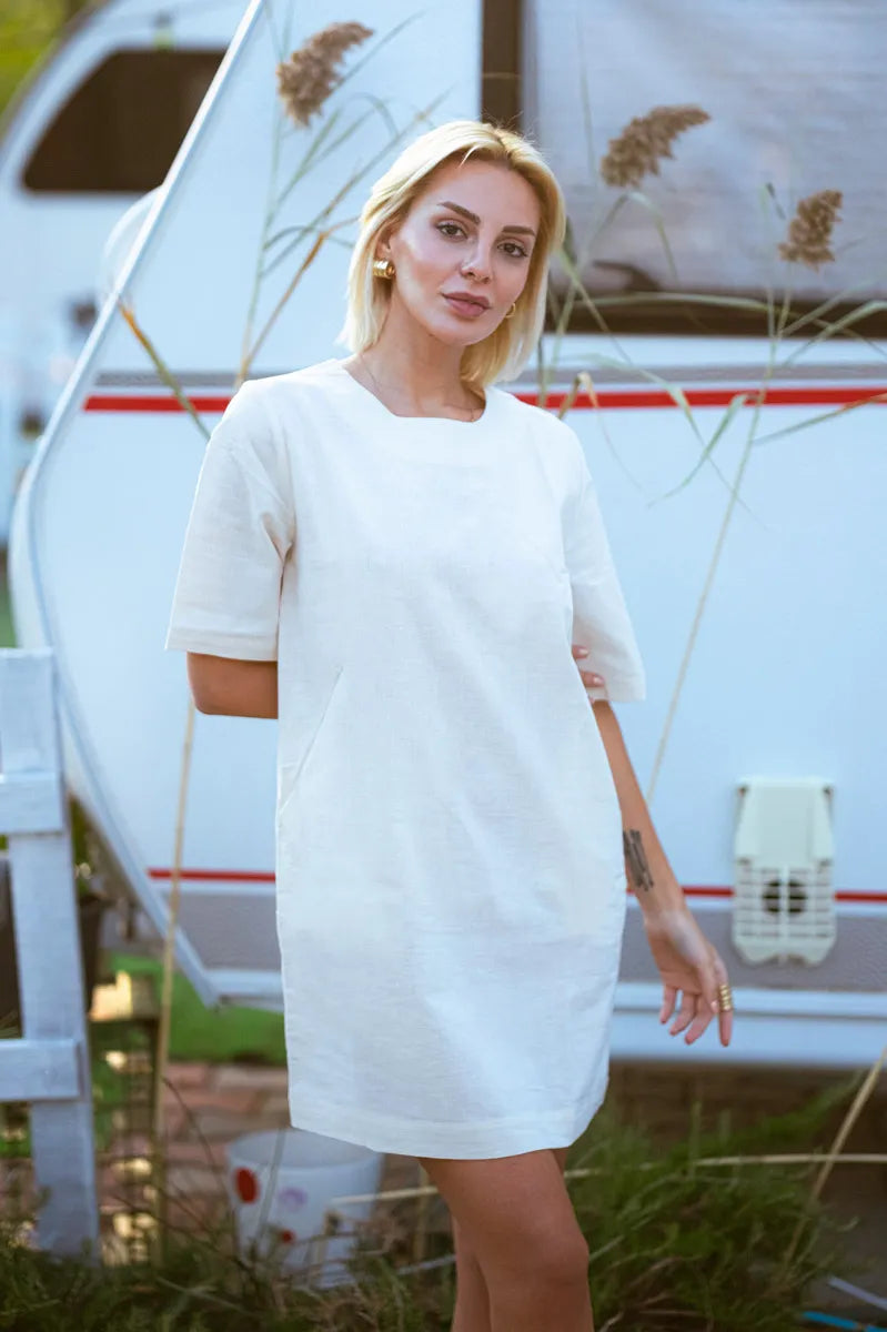 Ivory Linen T Shirt Dress, Relaxed Mini