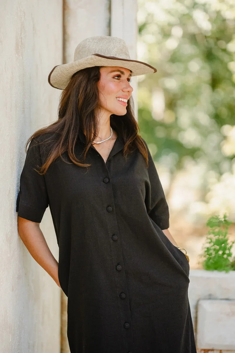 Black Linen Midi Shirt Dress with Short Sleeves