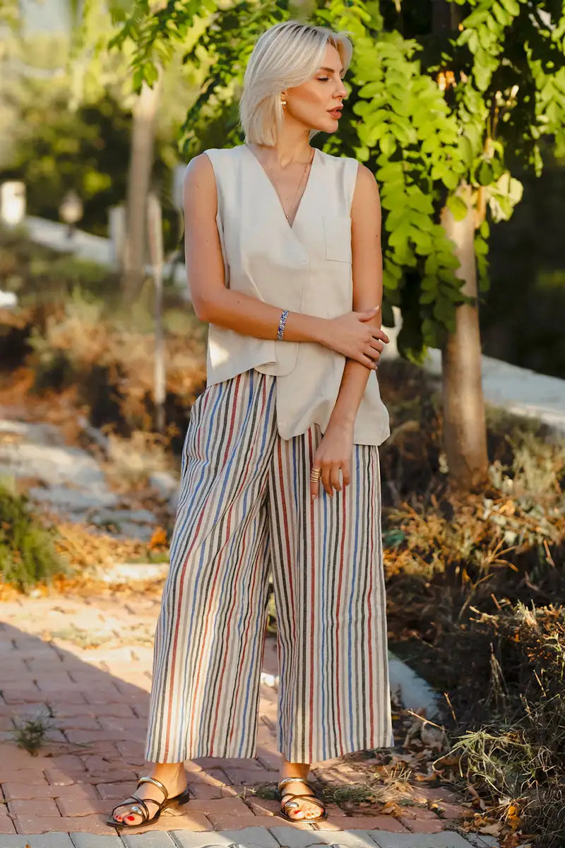 Linen multi stripe wide leg palazzo pants styled for summer outfit