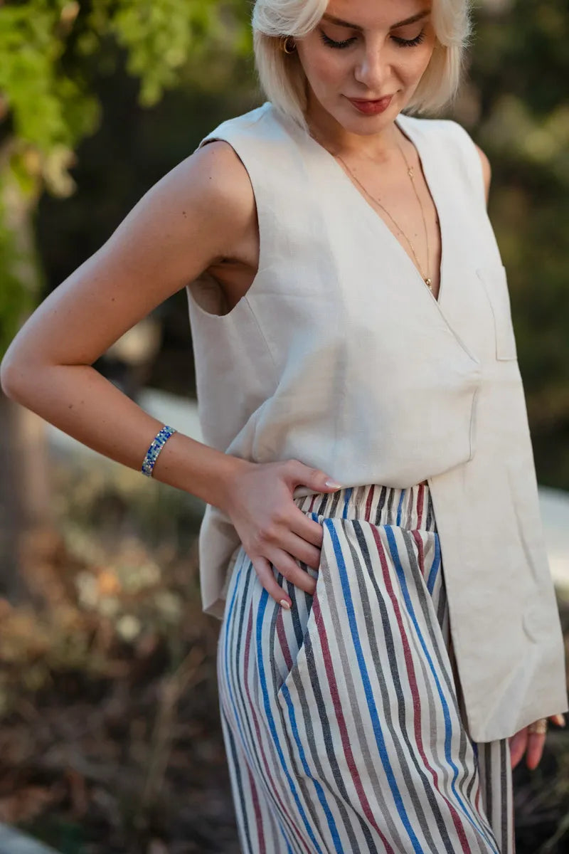 Full length view of linen multi stripe wide leg palazzo pants in relaxed fit