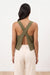 Front view of the olive green linen wide strap tank top with a soft V-neckline