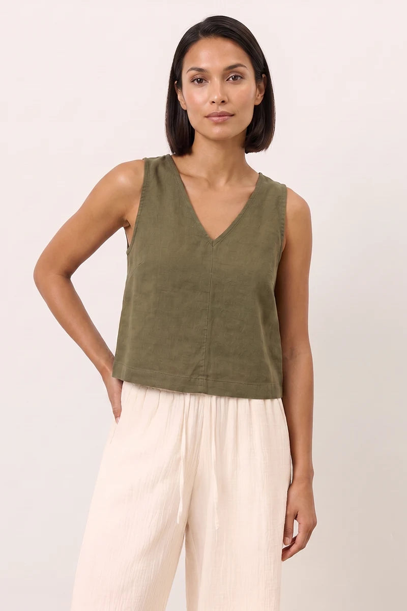 V-neckline and center seam detail of the olive green linen wide strap tank top