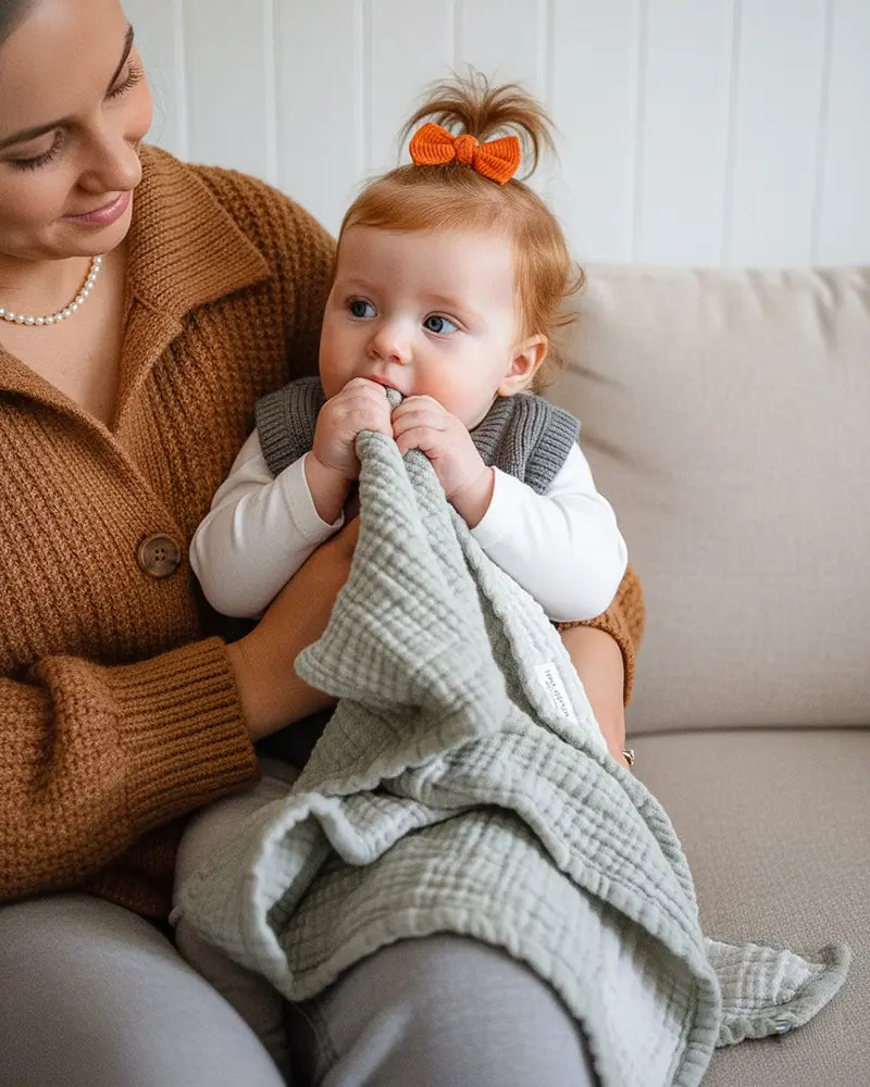 Woman holding a baby wrapped in a  cuddle blanket on a couch