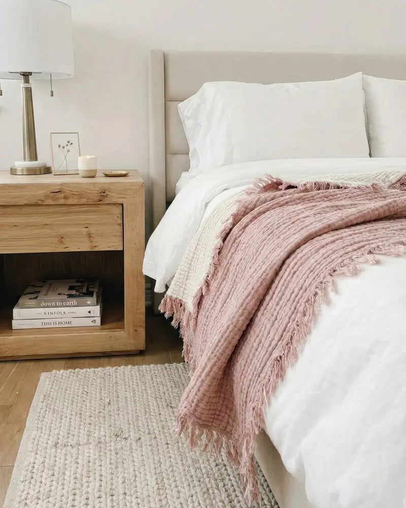 Neatly made bed with pink blanket and wooden nightstand in a bedroom setting