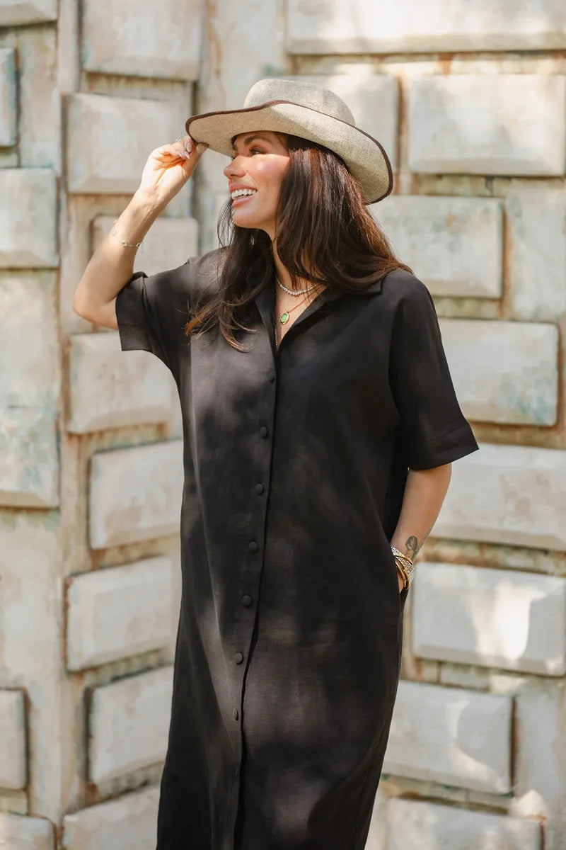 Black Linen Midi Shirt Dress with Short Sleeves