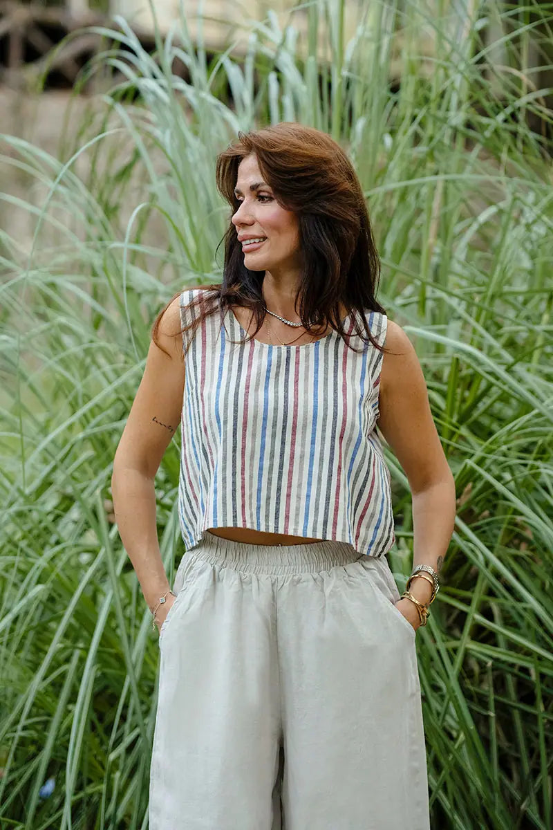 Sleeveless striped button-back shell top in linen blend, cropped silhouette
