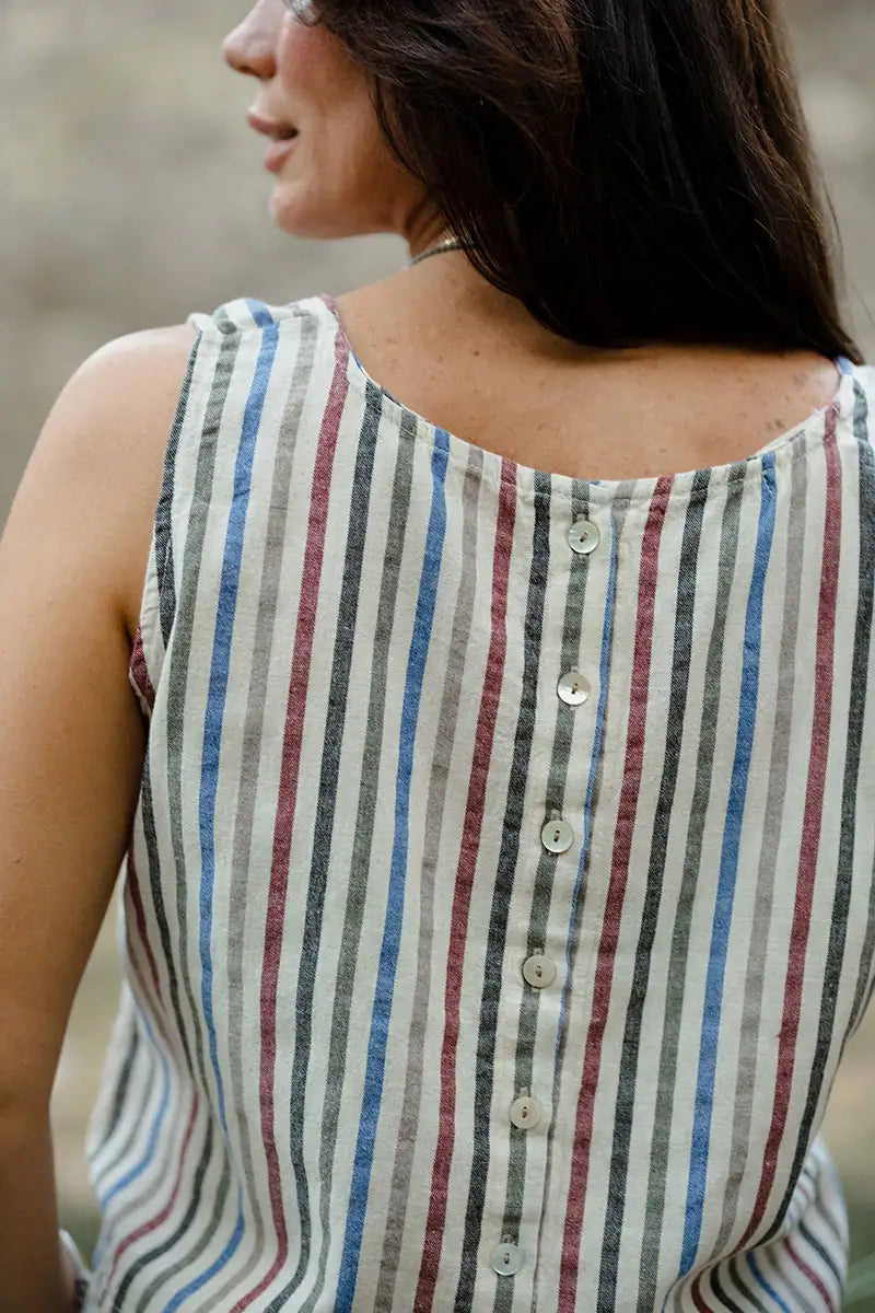 Button-back detail on striped linen-cotton shell tank top