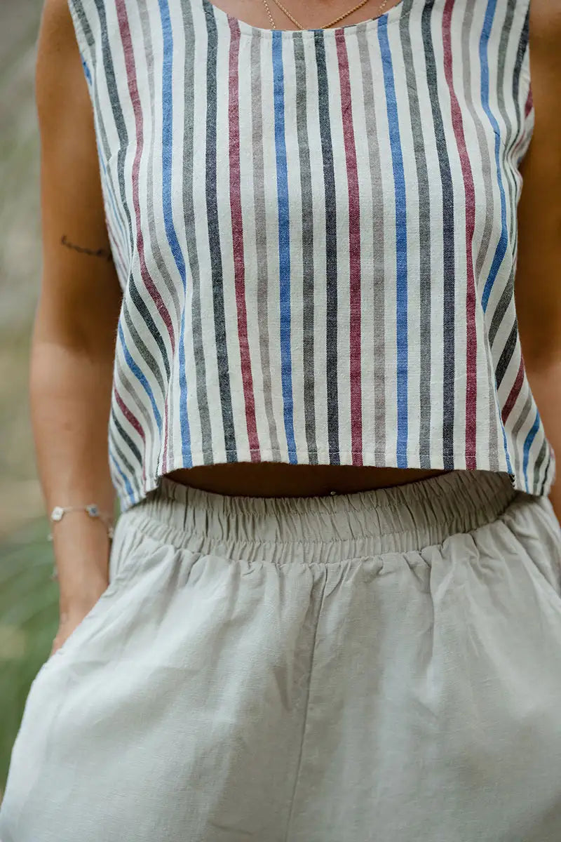 Striped sleeveless shell top in linen-cotton blend, front view with boat neckline