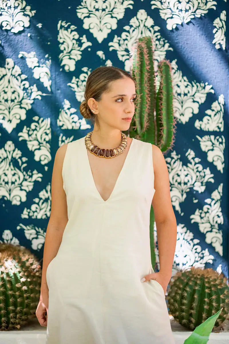 V-Neck Dress - Sleeveless Linen Midi Dress