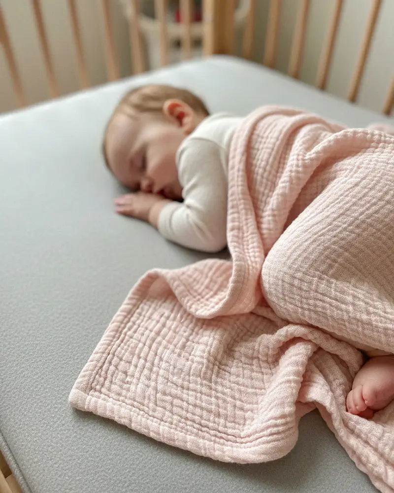 Baby wrapped in a pink wrap blanket lying on a crib